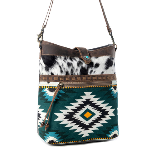 Wovenstone Western shoulder Bag for Women in green with Aztec detail