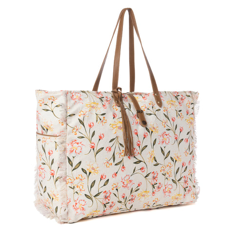 Brookside Cotton & Leather Weekender Bag in Blush Cream