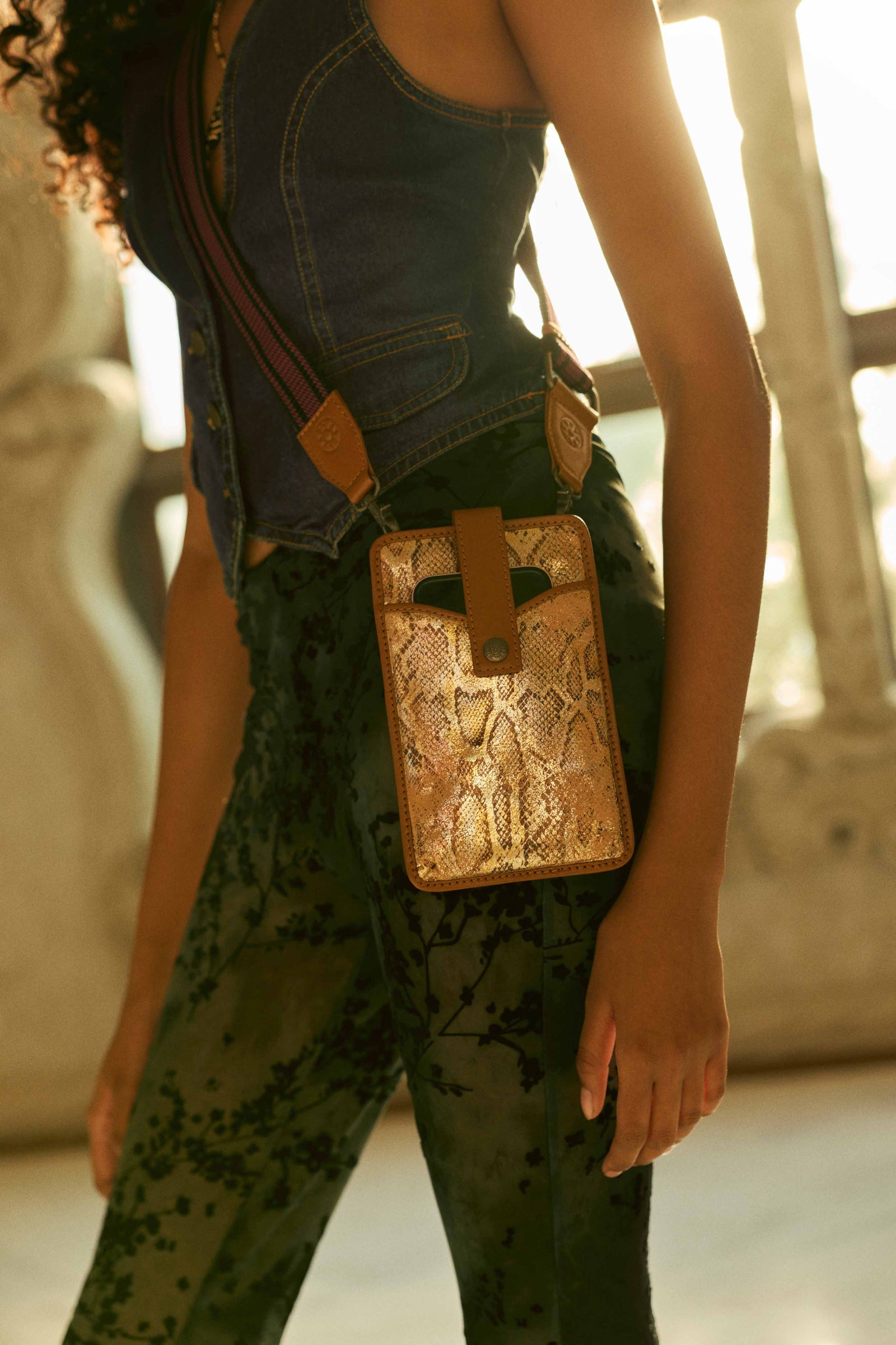 Cedar Snake Print Leather Cell Phone Holder in Toffee Patch