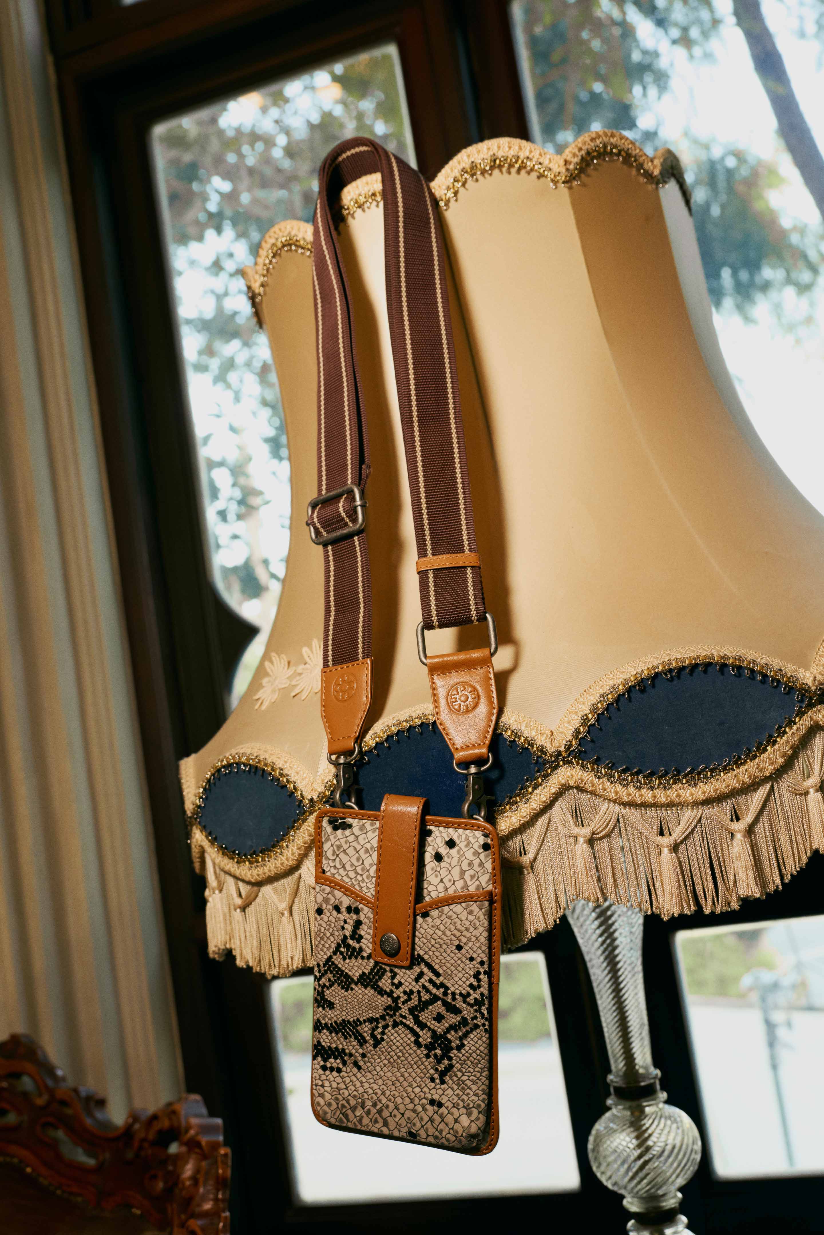 Cedar Snake Print Leather Cell Phone Holder in Ebony Cream