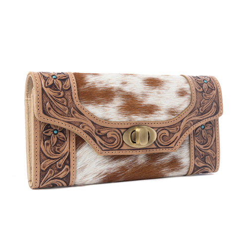Fern Pass Handtooled Hairon Leather Women’s Wallet in Warm Caramel