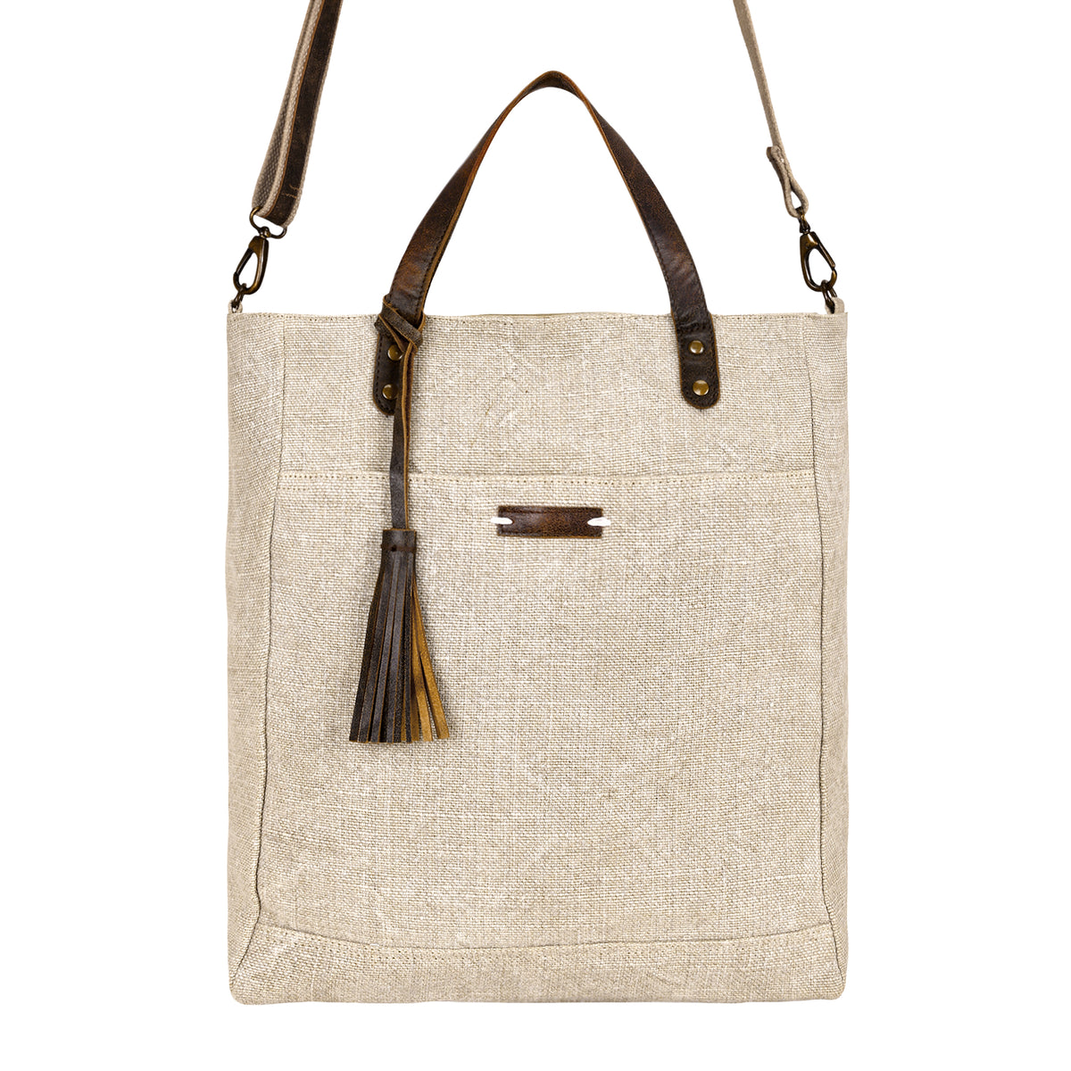 Saddlewood Tote Bag for Women in oat straw with leather handles and tassel