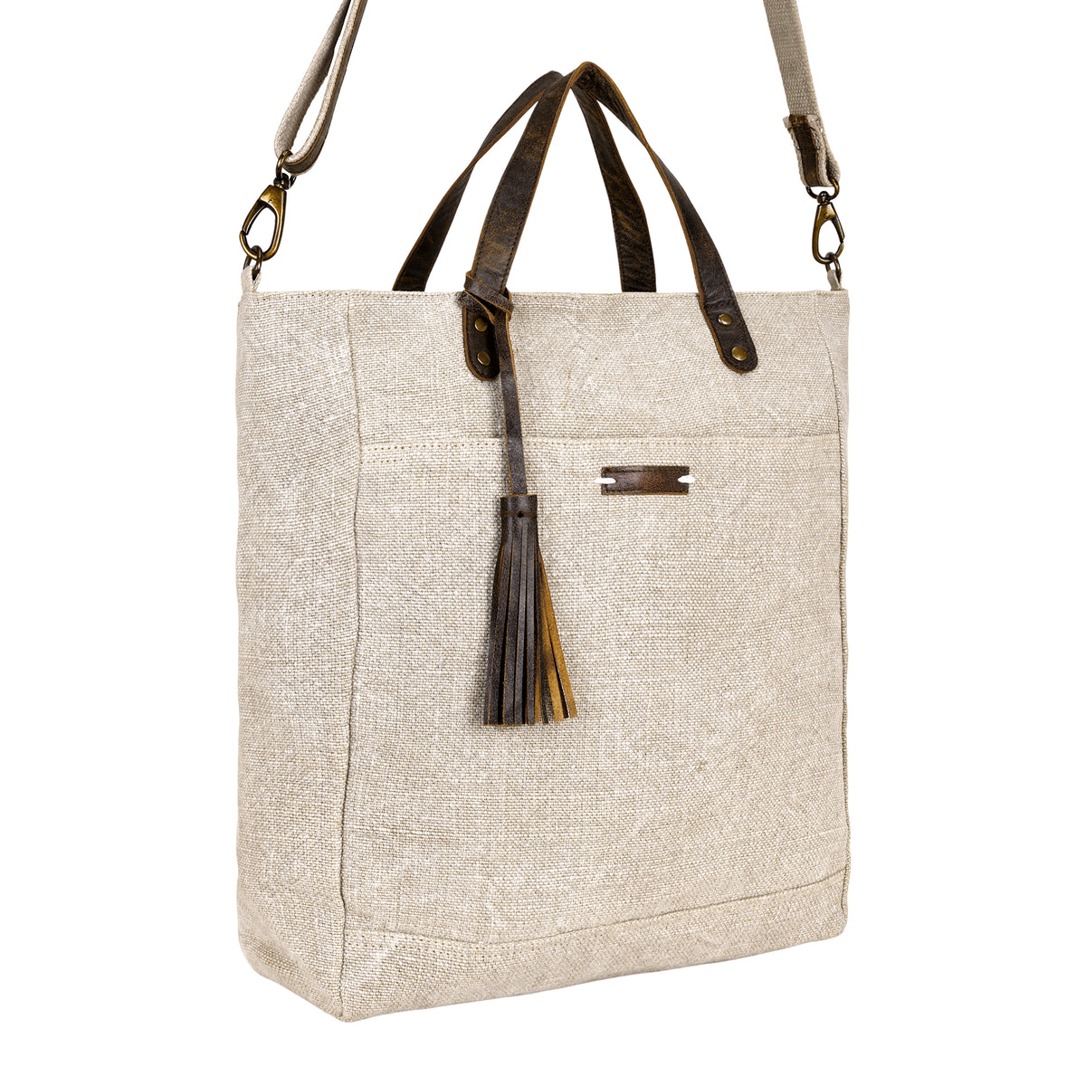 Saddlewood Tote Bag for Women in oat straw with leather handles and tassel