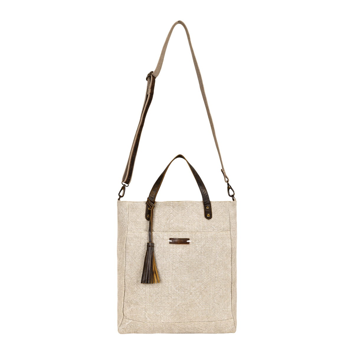 Saddlewood Tote Bag for Women in oat straw with leather handles and tassel