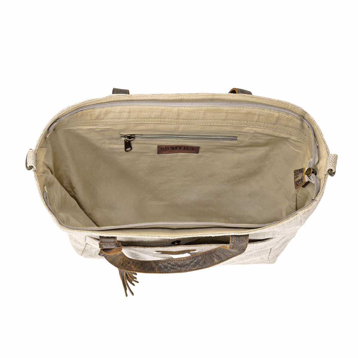 Saddlewood Tote Bag for Women in oat straw with leather handles and tassel