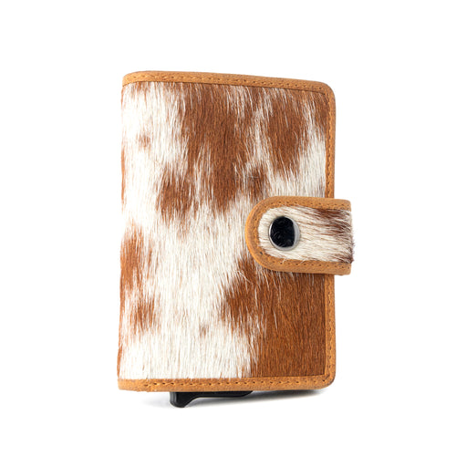 Dune Star Hairon Leather Credit Card Holder in Brown & White