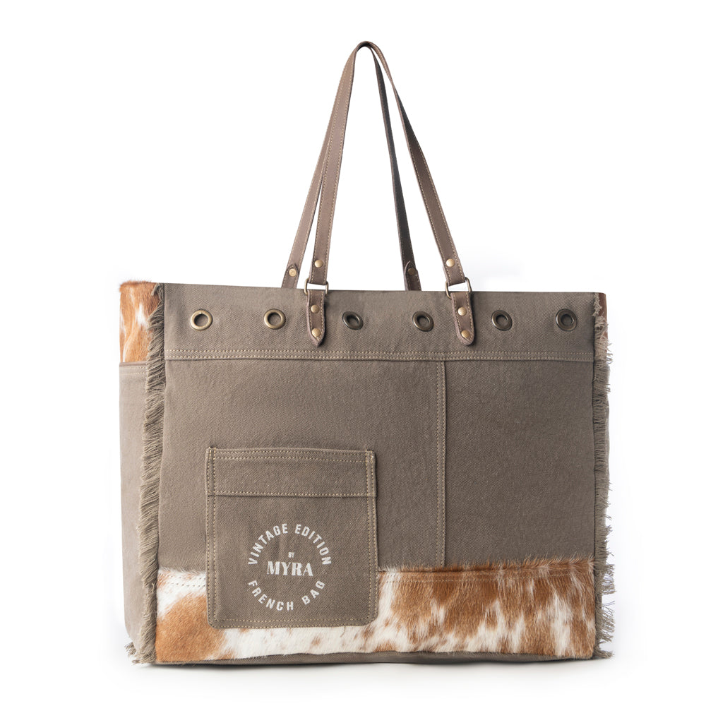 Ranger Hide Western Weekender Bag for Women in olive with hairon detail