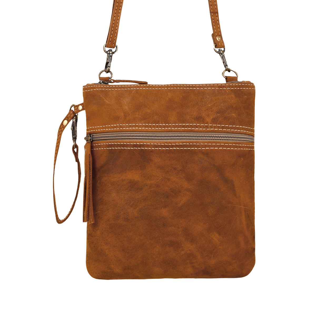 Ironwood Crossbody Bag for Women in tan with contrast stitch and tassel
