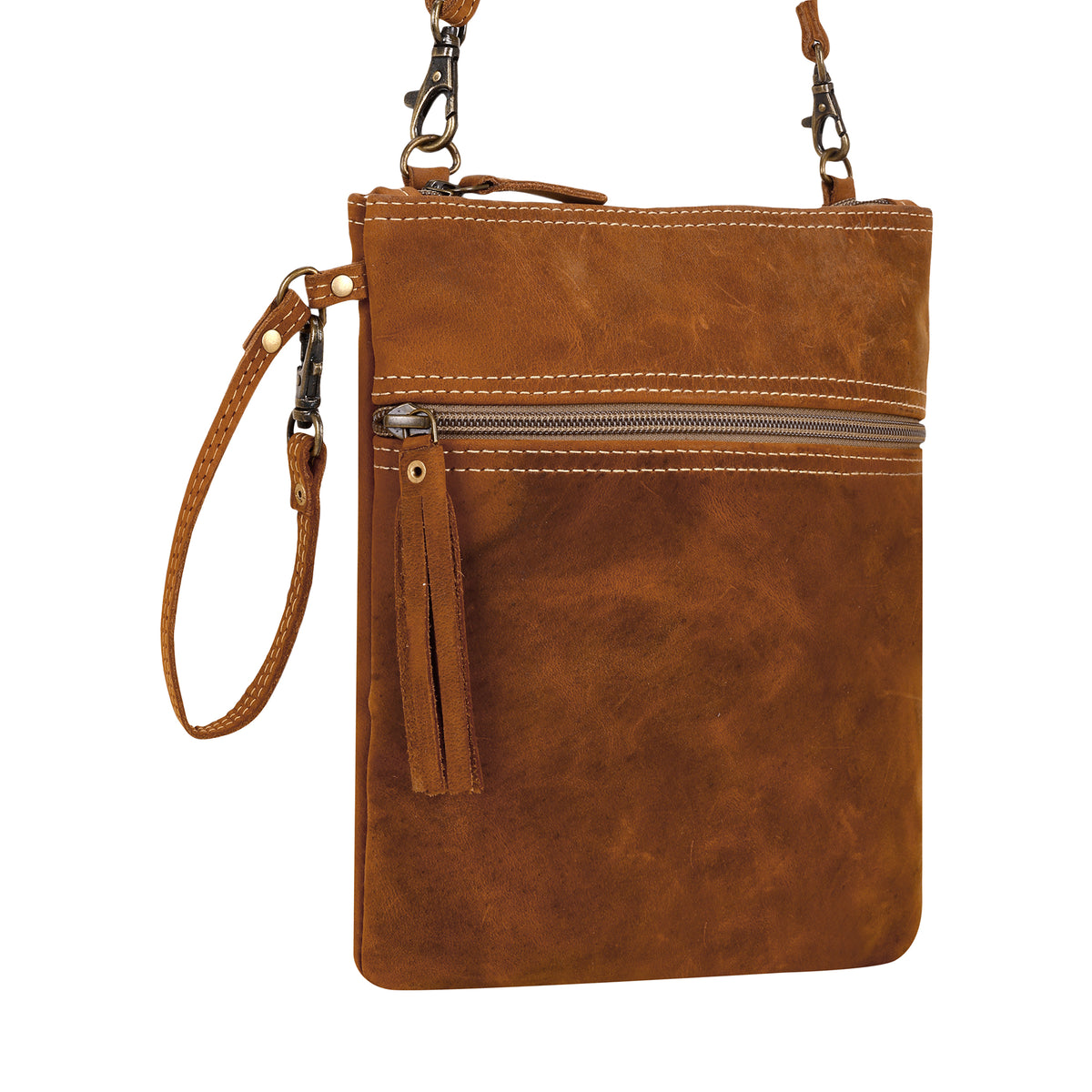 Ironwood Crossbody Bag for Women in tan with contrast stitch and tassel