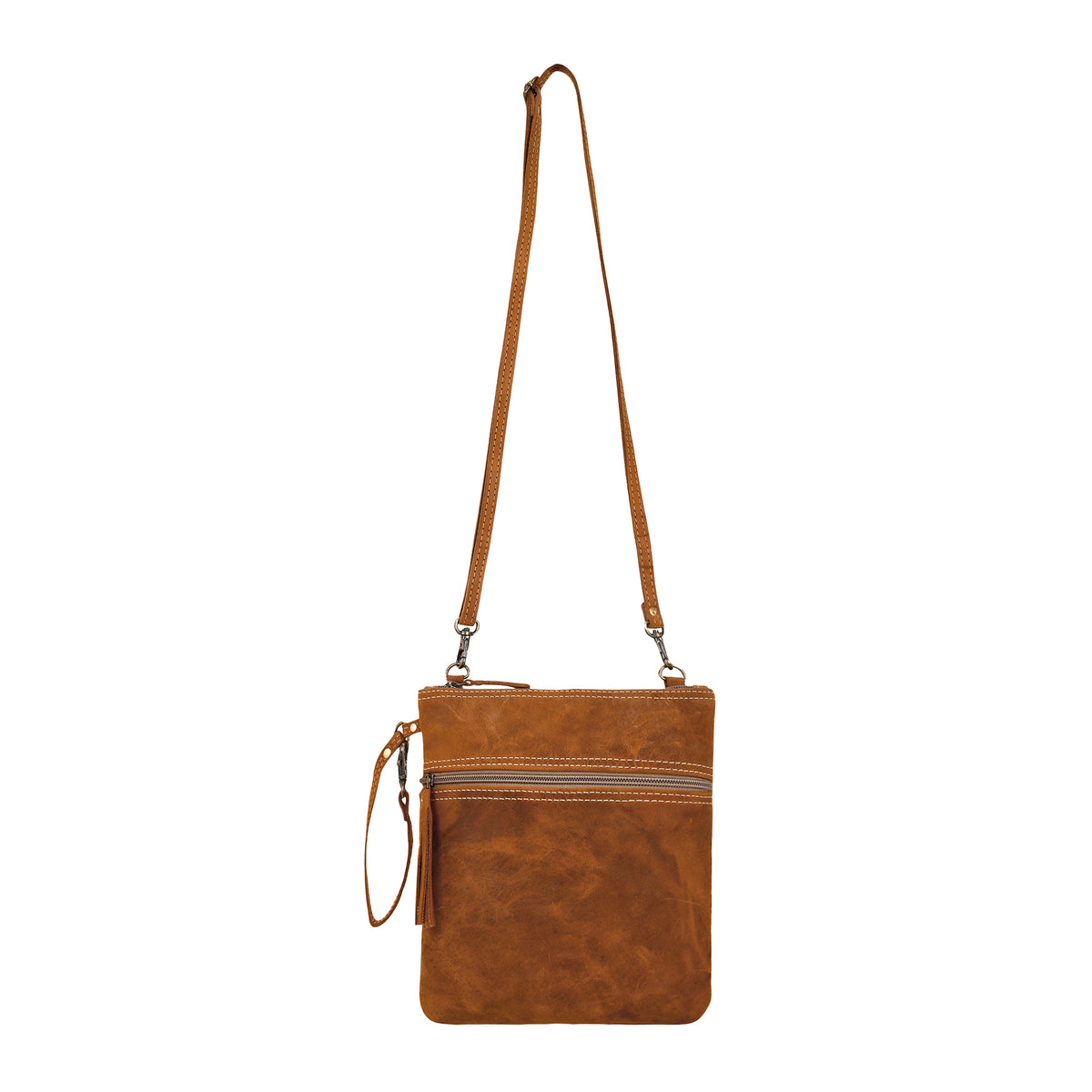 Ironwood Crossbody Bag for Women in tan with contrast stitch and tassel