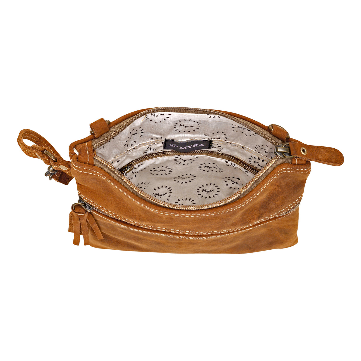 Ironwood Crossbody Bag for Women in tan with contrast stitch and tassel