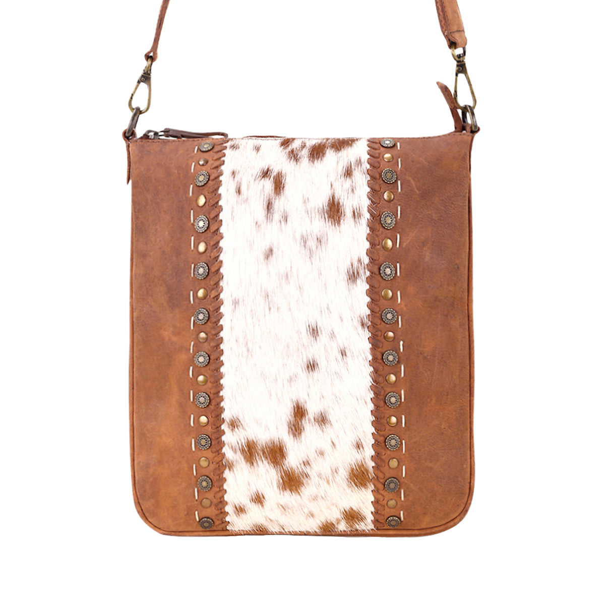 Sunridge Crossbody Bag for Women in tan with hair on and studs