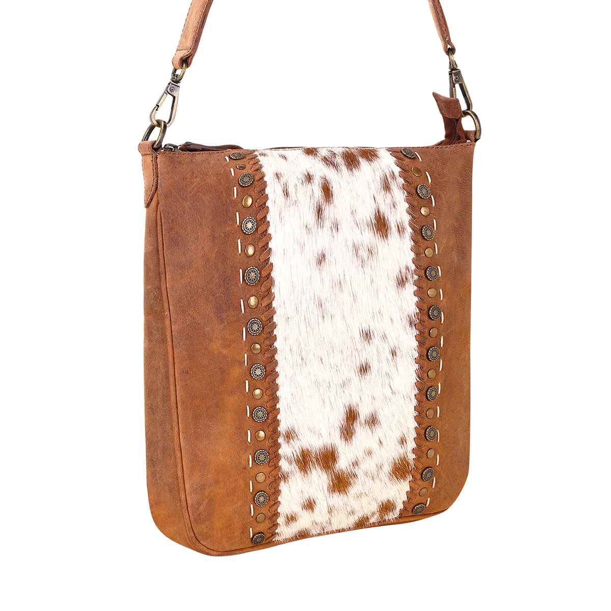Sunridge Crossbody Bag for Women in tan with hair on and studs