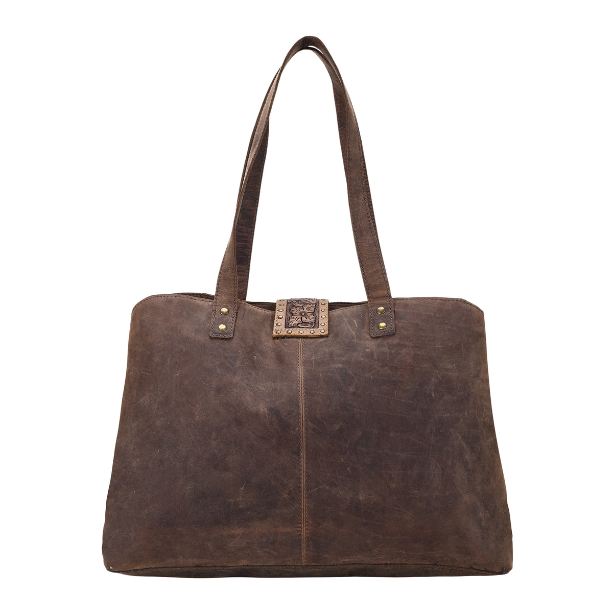 Thornbluff Laptop Bag in brown with hair on and hand tooled flap