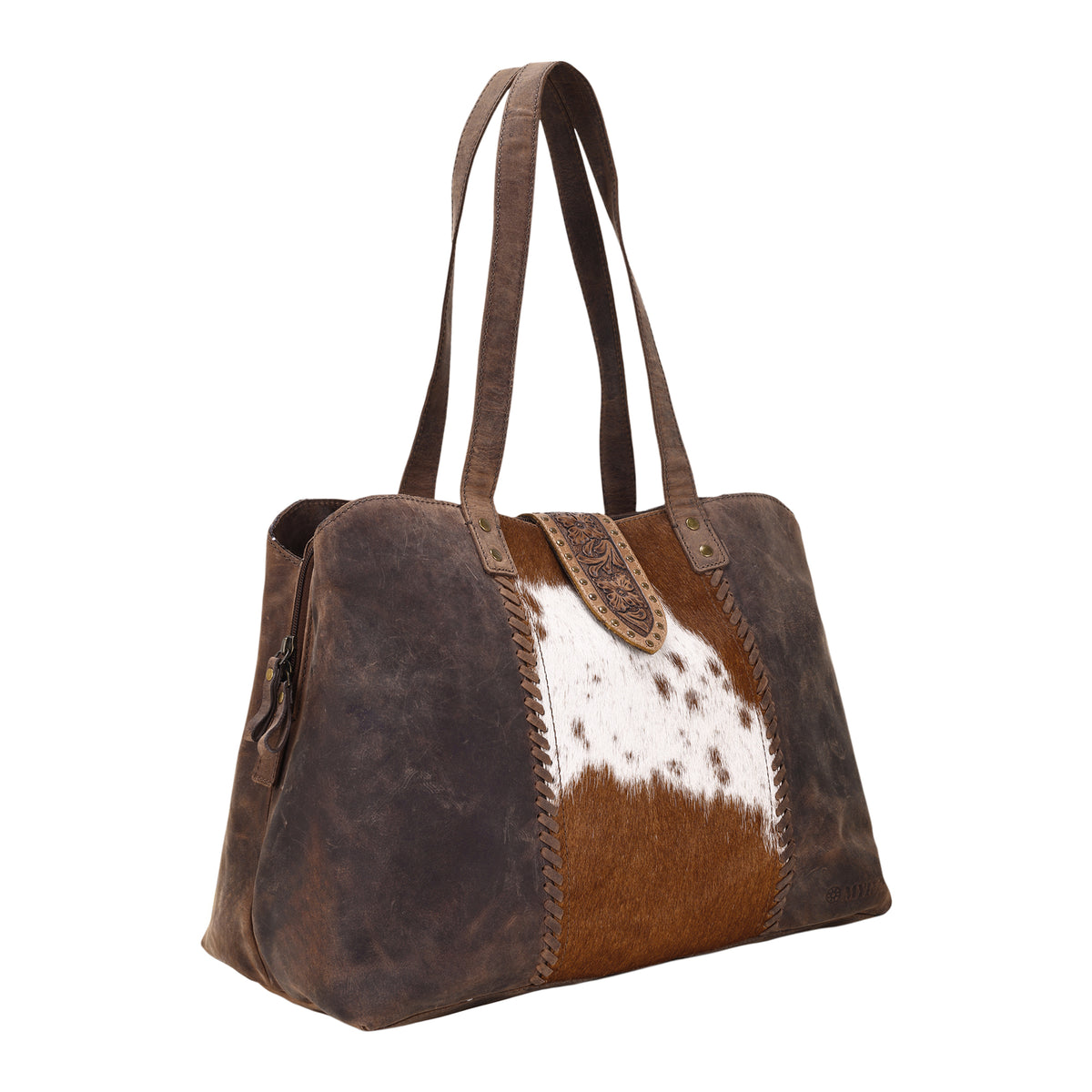 Thornbluff Laptop Bag in brown with hair on and hand tooled flap