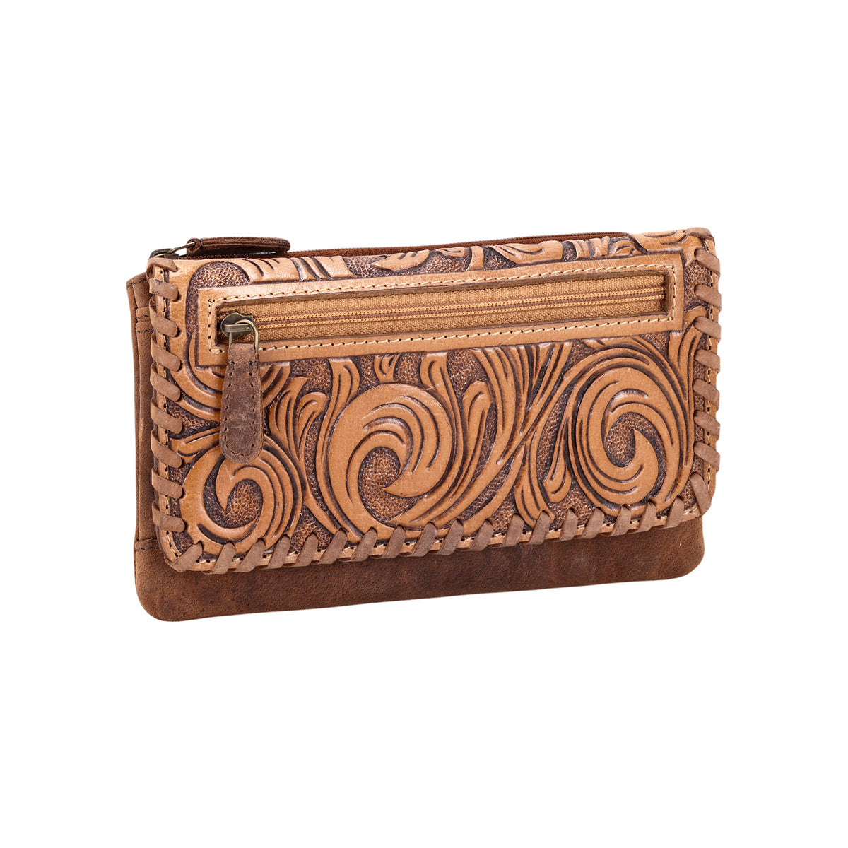 Wildfire Wallet for Women in tan with hand tooled leather