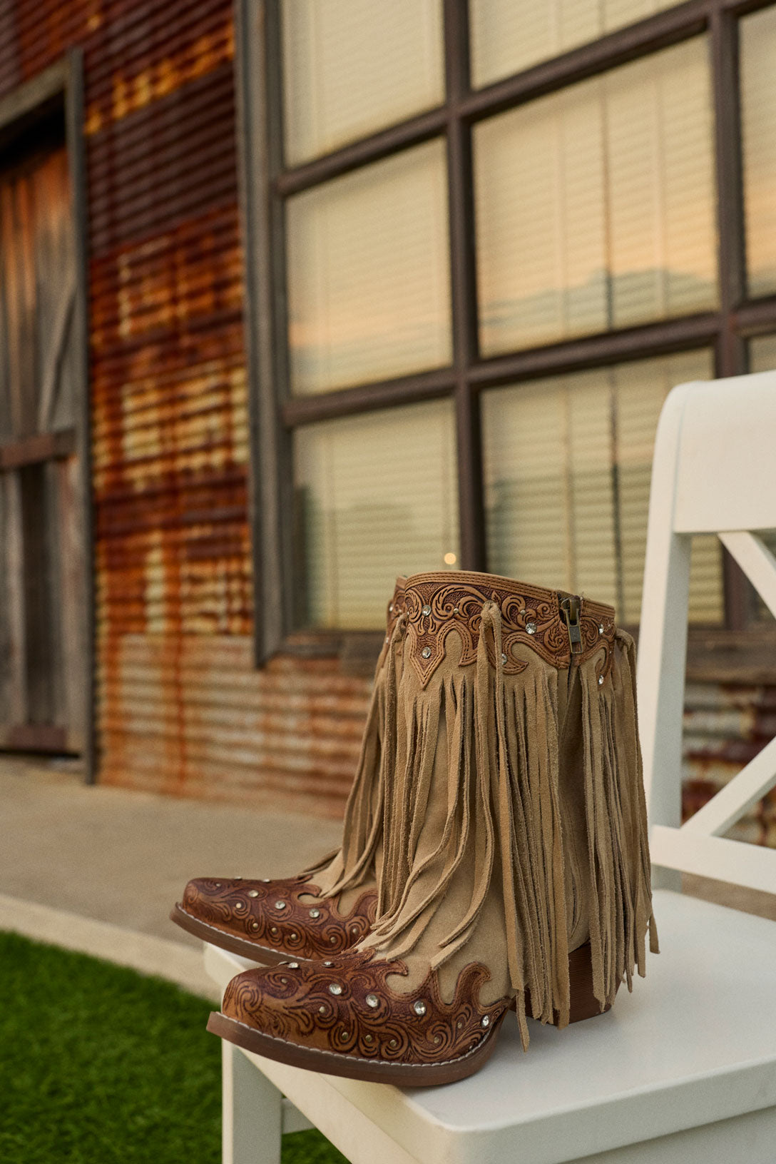 Nashville Nights Fringe Boots for Women in Ember, Handtooled Genuine Leather with Swarovski Stones