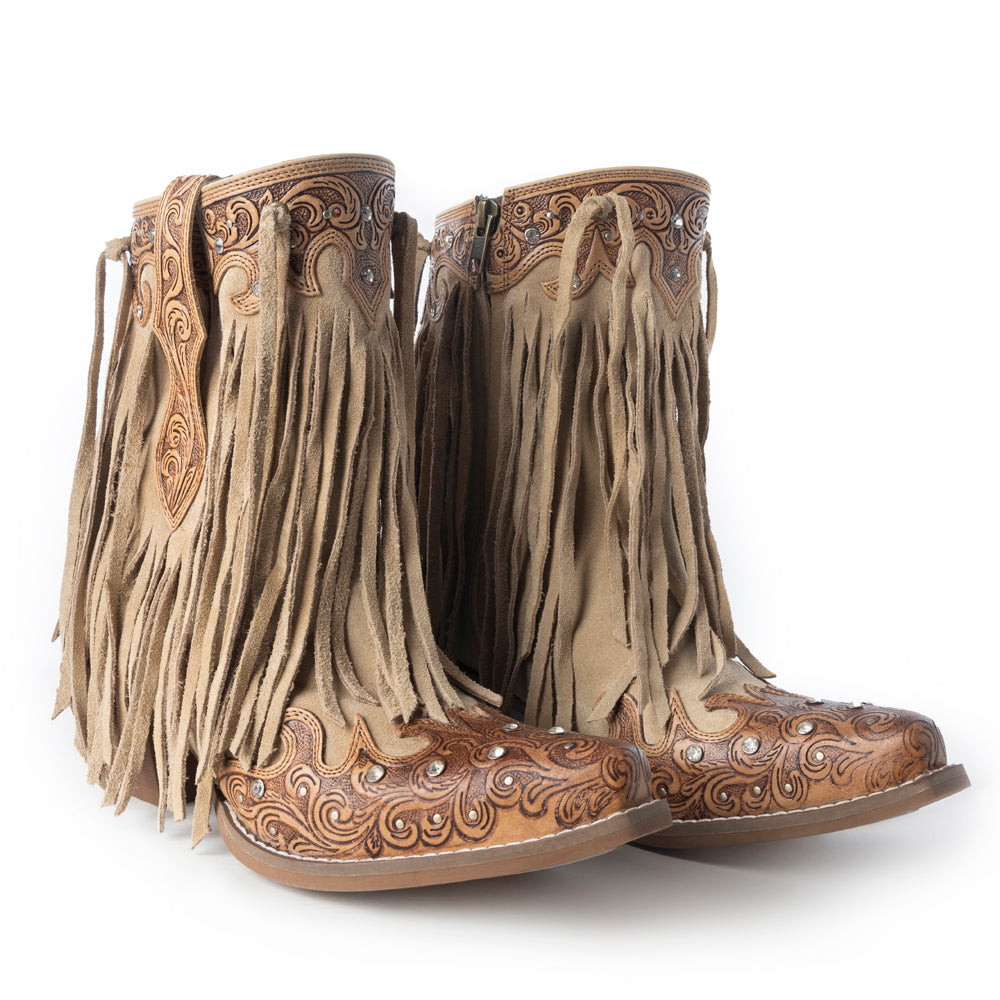 Nashville Nights Fringe Boots for Women in Ember, Handtooled Genuine Leather with Swarovski Stones