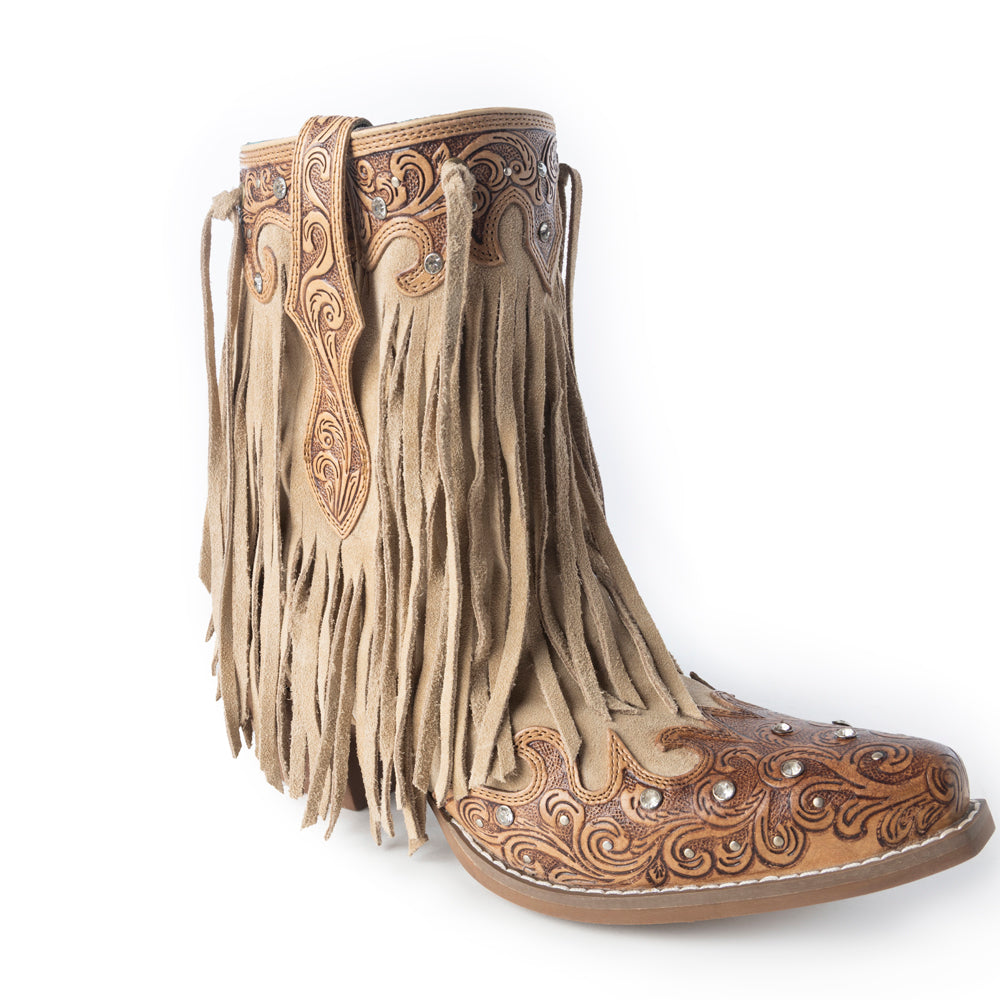 Nashville Nights Fringe Boots for Women in Ember, Handtooled Genuine Leather with Swarovski Stones