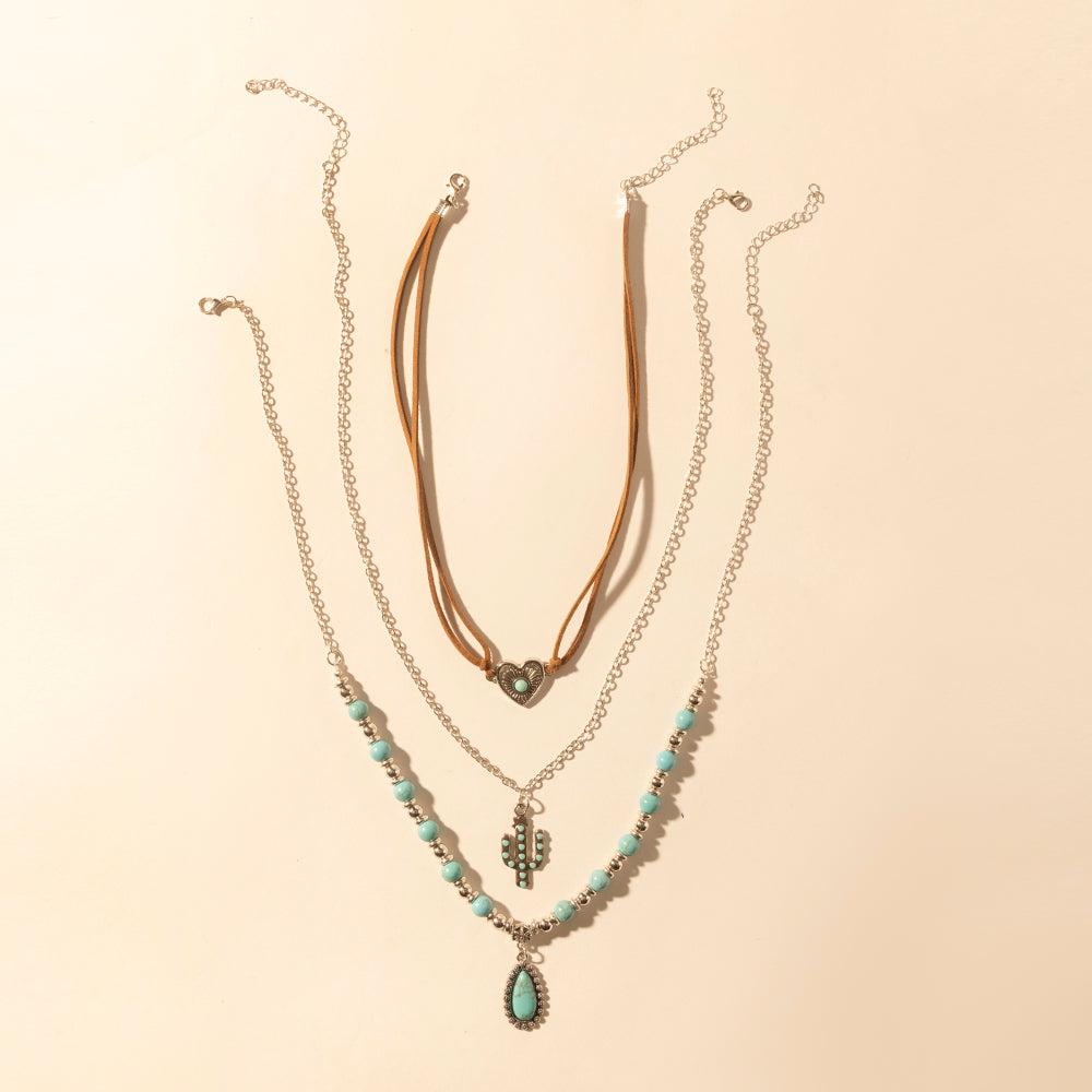 Boho Mesa Layered Necklace for Women with turquoise bead and cactus pendant detail for western wear