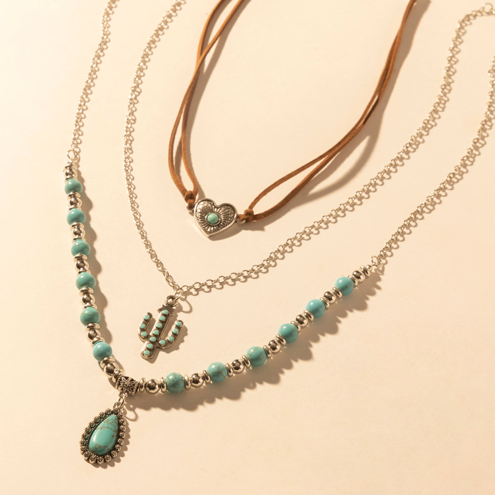 Boho Mesa Layered Necklace for Women with turquoise bead and cactus pendant detail for western wear