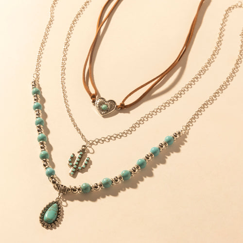 Boho Mesa Layered Necklace for Women with turquoise bead and cactus pendant detail for western wear