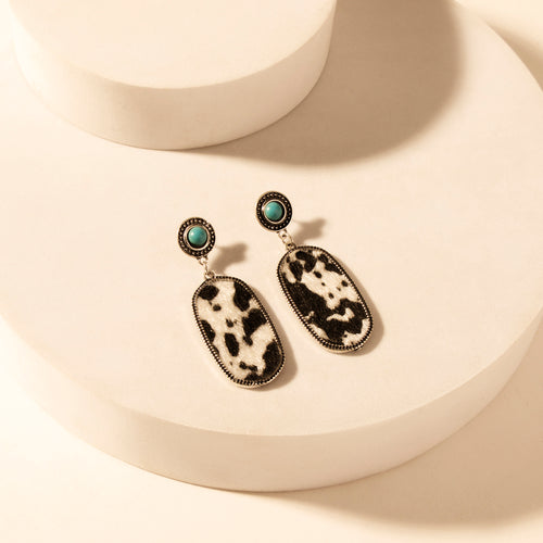 Wild Hide Dangle Earrings for Women with turquoise and cowhide print detail for premium western wear