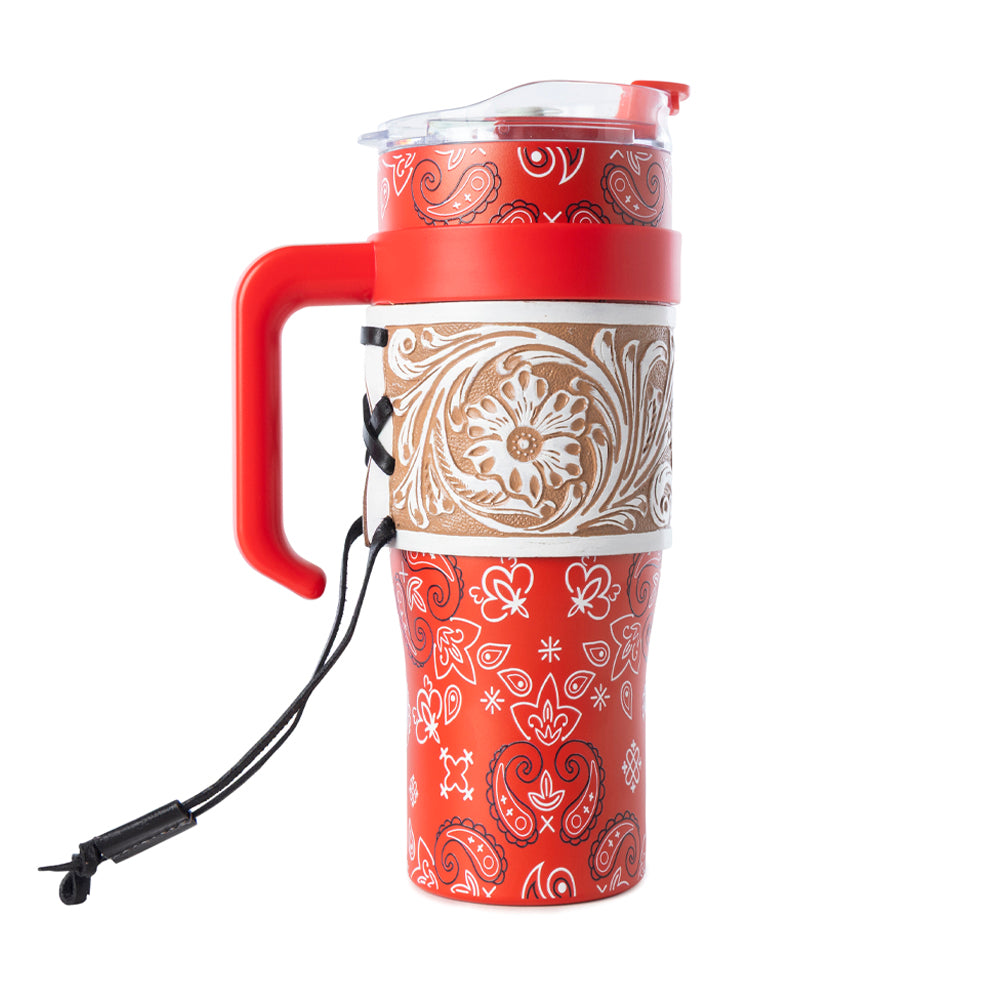 Bandana Tooled Western Tumbler in Red Stainless Steel with Handtooled Leather and Handle for Use