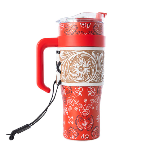 Bandana Tooled Western Tumbler in Red Stainless Steel with Handtooled Leather and Handle for Use