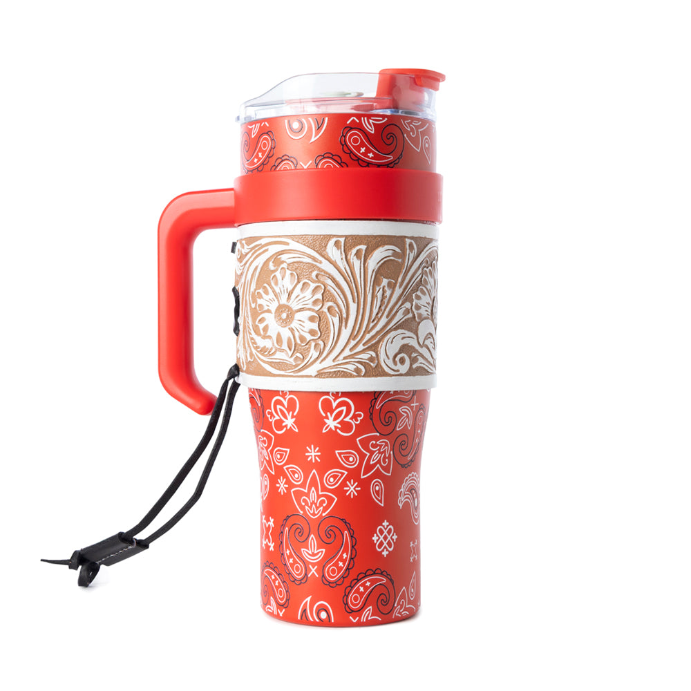 Bandana Tooled Western Tumbler in Red Stainless Steel with Handtooled Leather and Handle for Use
