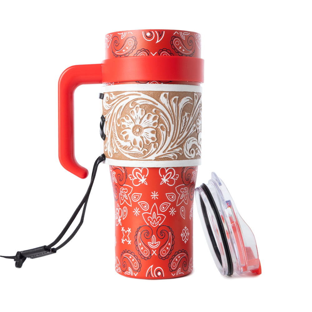 Bandana Tooled Western Tumbler in Red Stainless Steel with Handtooled Leather and Handle for Use