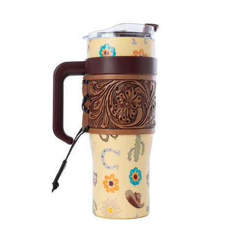 Trailkissed Western Tumbler in Yellow Stainless Steel with Leather Wrap and Handle for Everyday Use