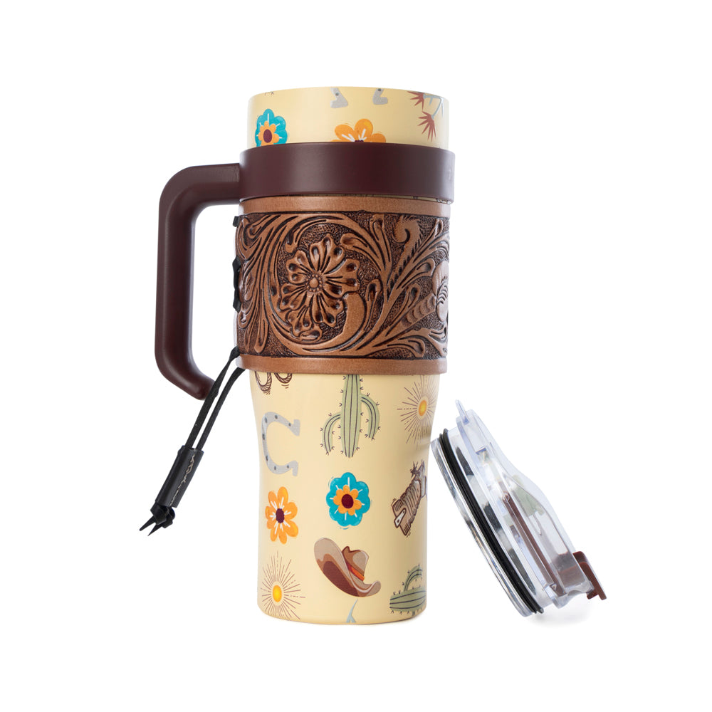 Trailkissed Western Tumbler in Yellow Stainless Steel with Leather Wrap and Handle for Everyday Use
