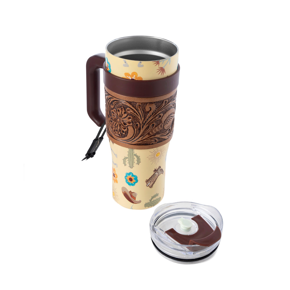 Trailkissed Western Tumbler in Yellow Stainless Steel with Leather Wrap and Handle for Everyday Use