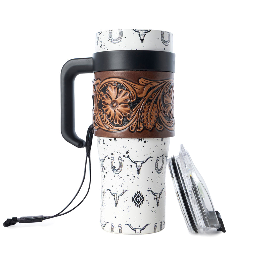 Westmark Tooled Western Tumbler in White Stainless Steel with Leather Wrap and Handle for Use