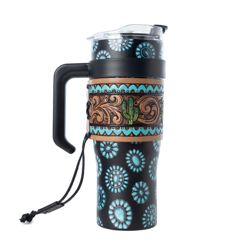 Concho Crest Western Tooled Tumbler in Black Stainless Steel with Leather Wrap and Handle