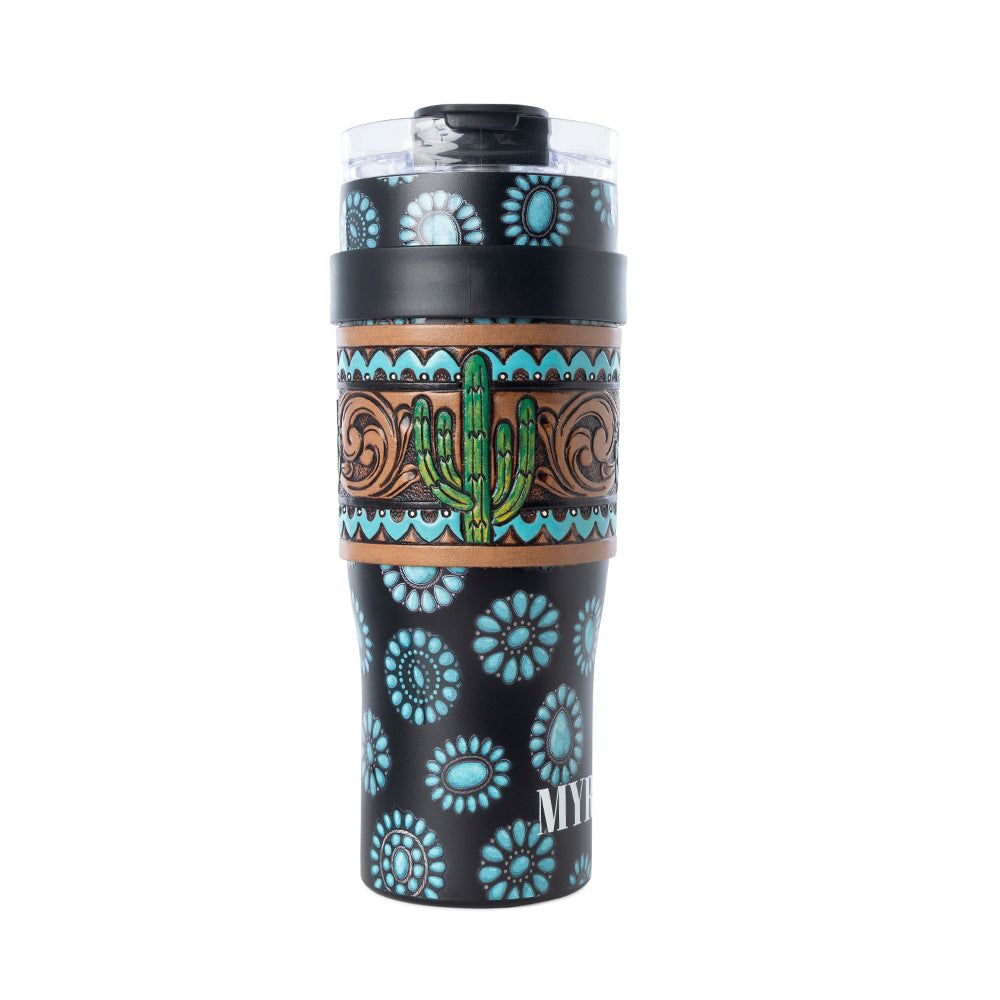 Concho Crest Western Tooled Tumbler in Black Stainless Steel with Leather Wrap and Handle