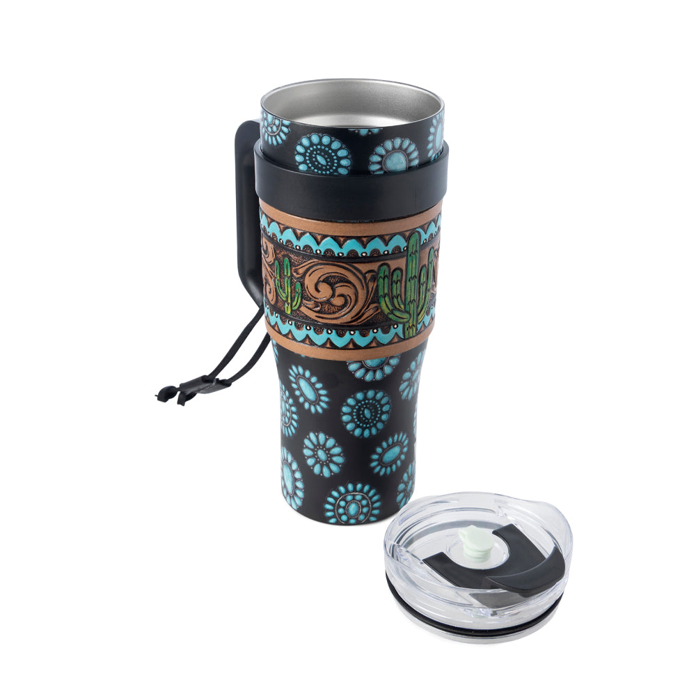 Concho Crest Western Tooled Tumbler in Black Stainless Steel with Leather Wrap and Handle