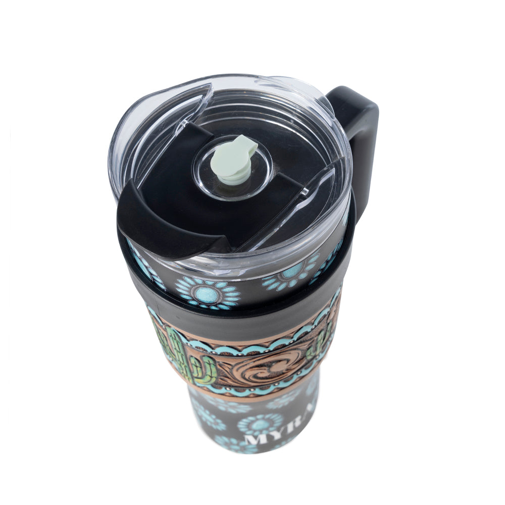 Concho Crest Western Tooled Tumbler in Black Stainless Steel with Leather Wrap and Handle