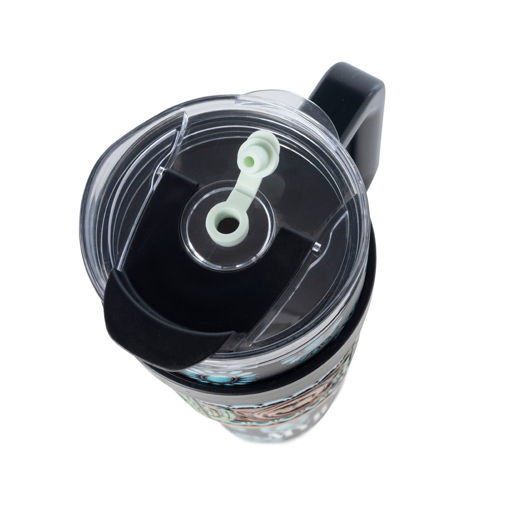 Concho Crest Western Tooled Tumbler in Black Stainless Steel with Leather Wrap and Handle