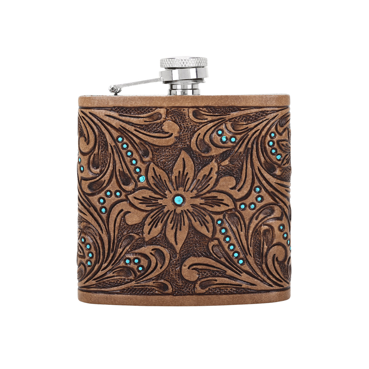 Mountain Trail Flask in tan with hand tooled leather and turquoise, 6 oz