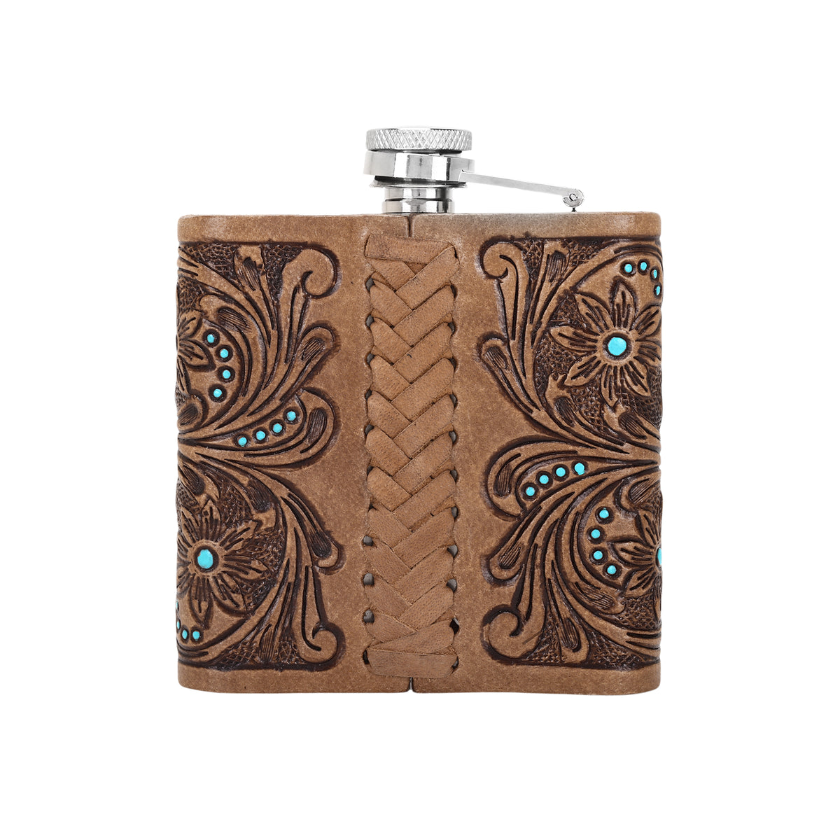 Mountain Trail Flask in tan with hand tooled leather and turquoise, 6 oz