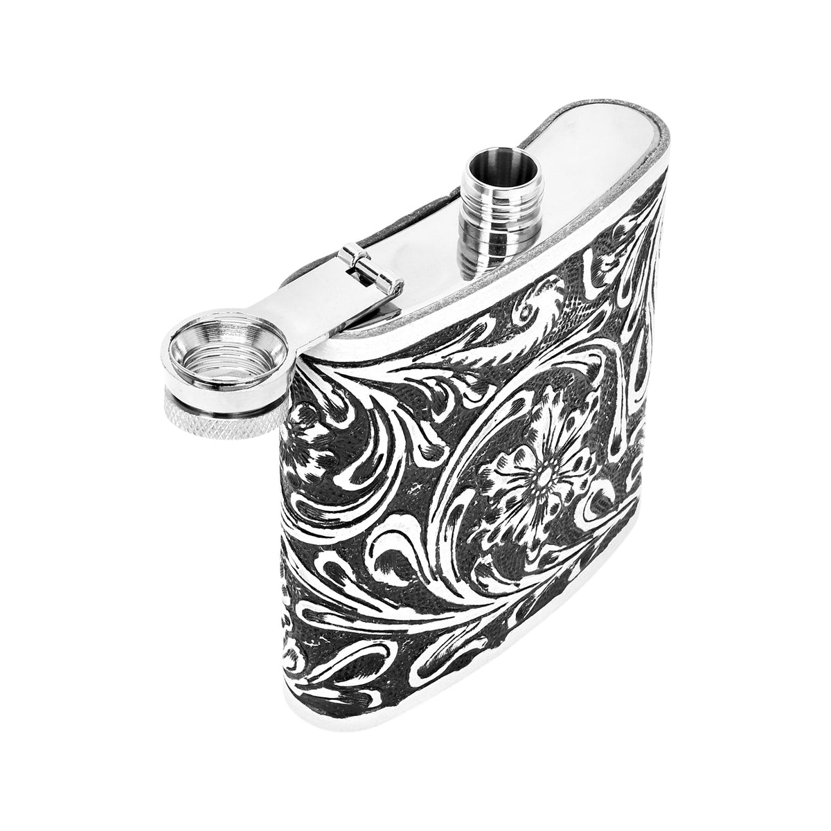 Mountain Trail Flask in brown and white with hand tooled leather, 6 oz