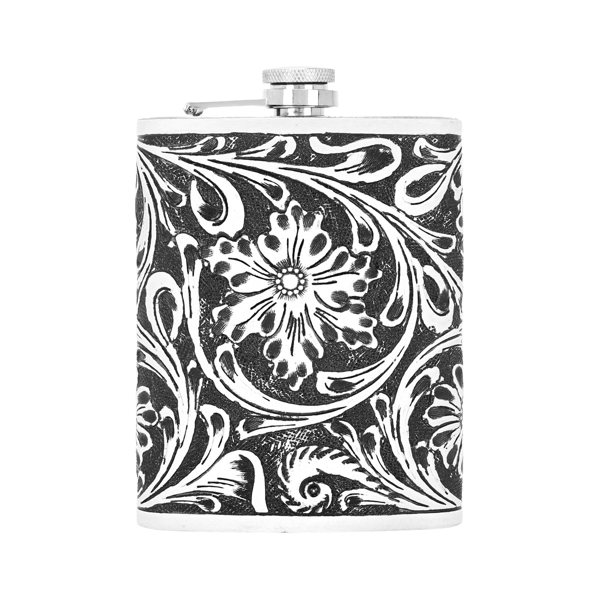 Mountain Trail Flask in brown and white with hand tooled leather, 8 oz
