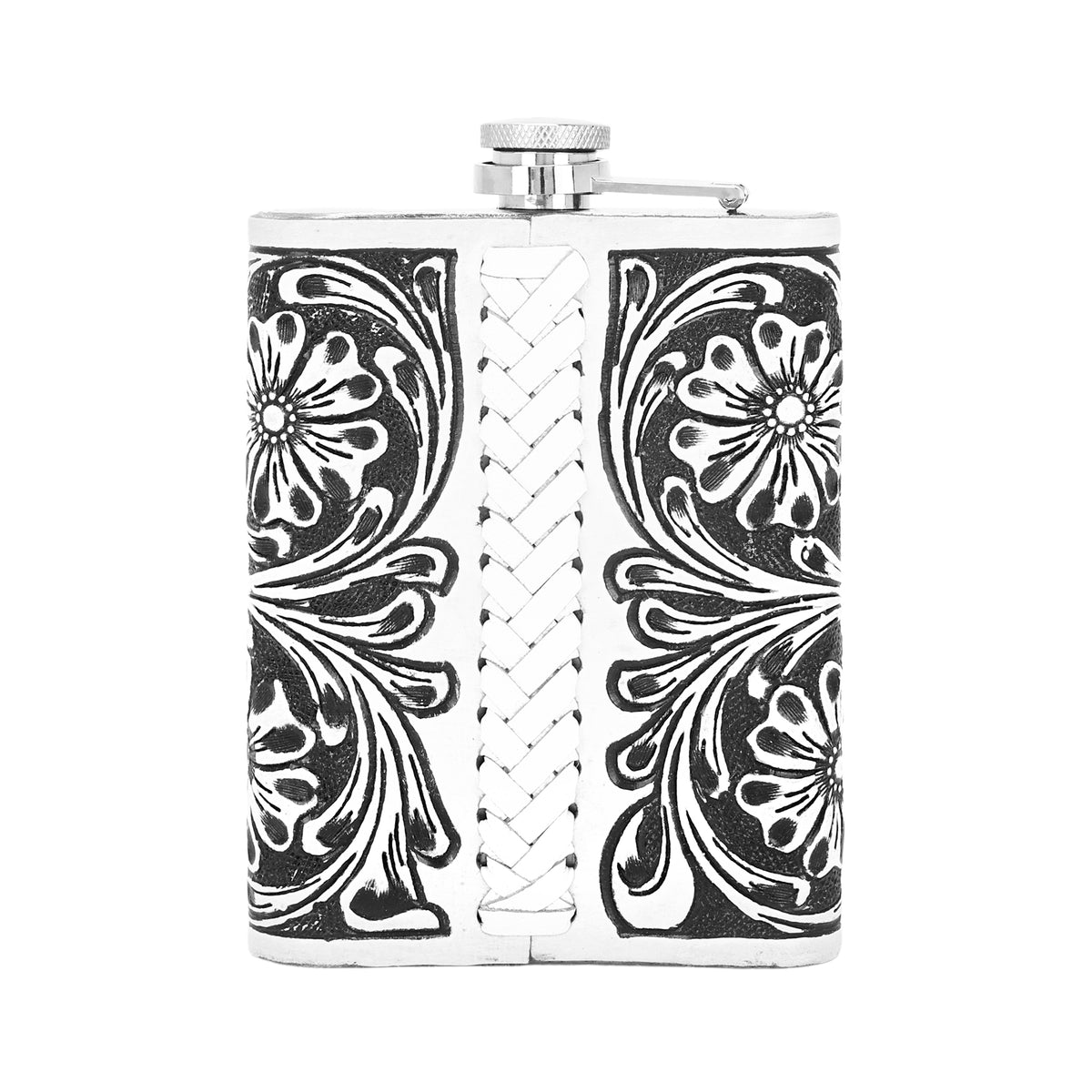 Mountain Trail Flask in brown and white with hand tooled leather, 8 oz