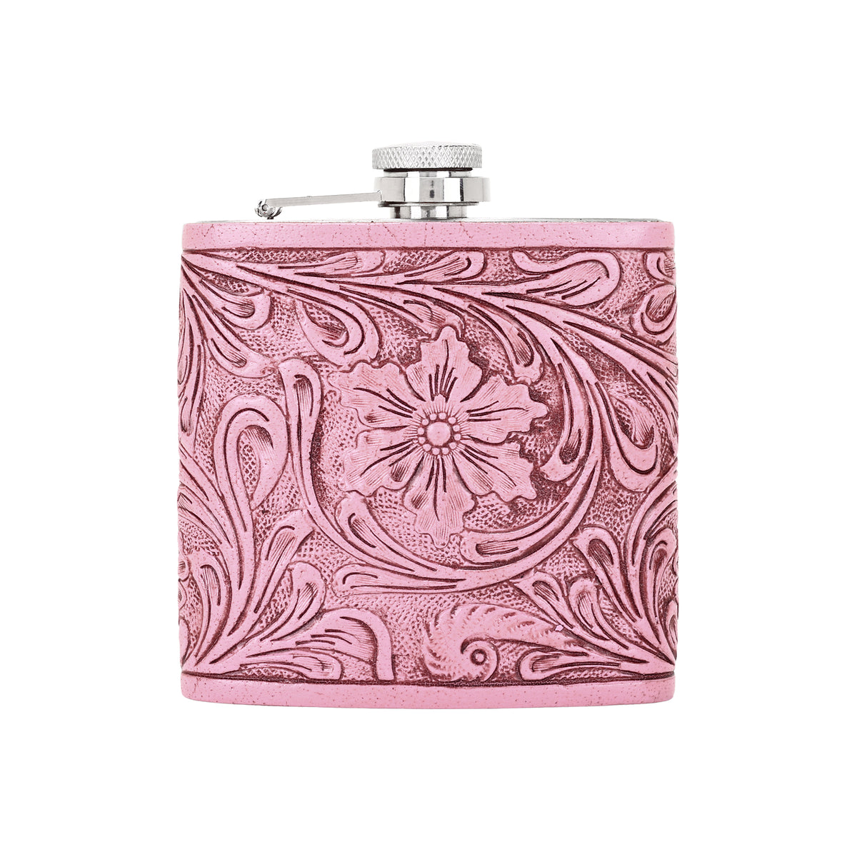 Mountain Trail Flask in pink with hand tooled leather, 6 oz