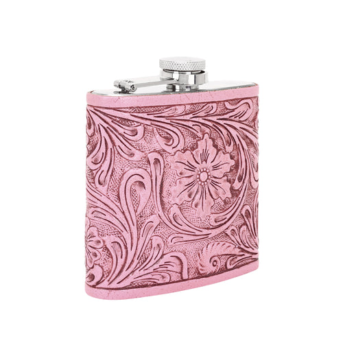 Mountain Trail Flask in pink with hand tooled leather, 6 oz