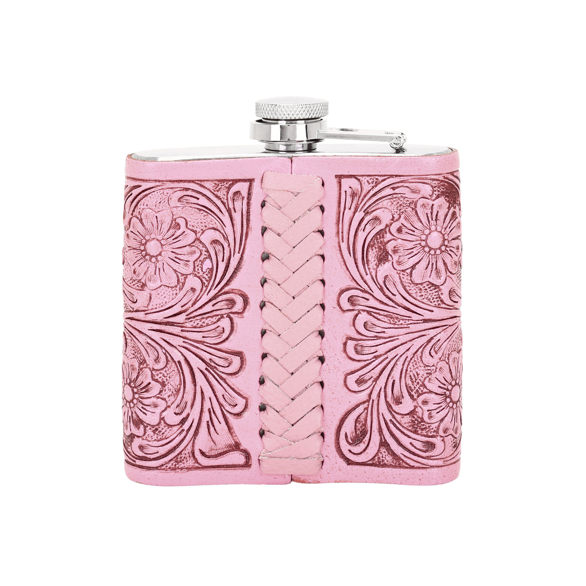 Mountain Trail Flask in pink with hand tooled leather, 6 oz