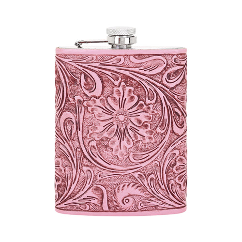 Mountain Trail Flask in pink with hand tooled leather, 8 oz