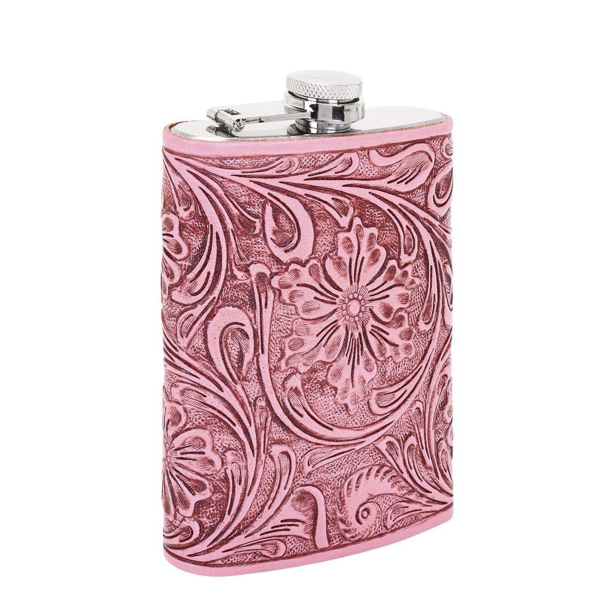 Mountain Trail Flask in pink with hand tooled leather, 8 oz